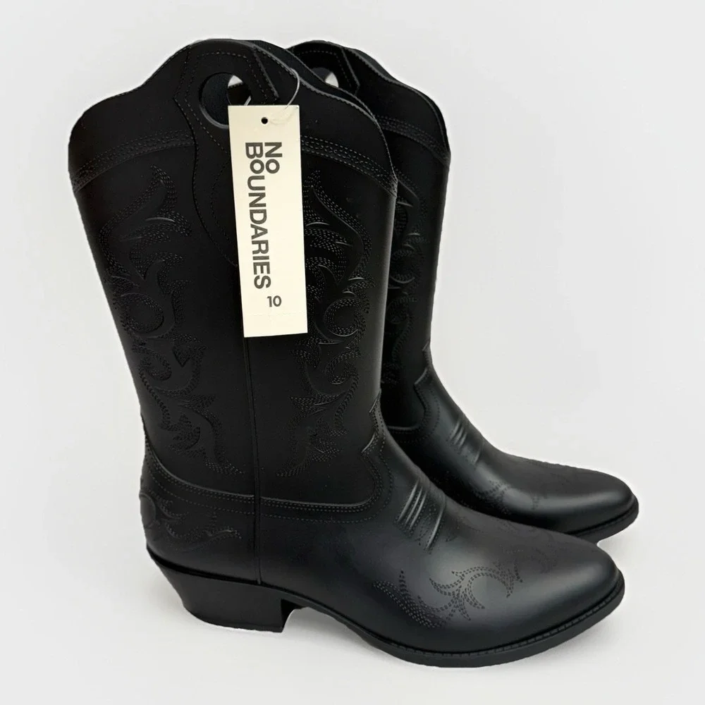 Womans Cowboy Rubber Rain Boots Sz 10 Black Pull On Water Resistant Southwestern